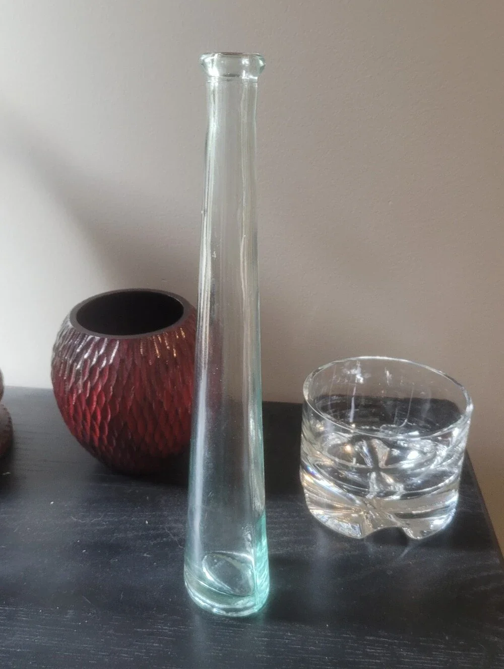 Mid Century Geometric Clear Glass Triangle Bud Vase Tapered Spire Bottle 14 In